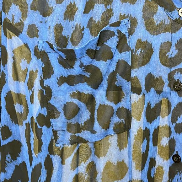 Free People Hi Lo Sheer Blue Cheetah Long Sleeve Blouse Medium Top FLAW - Picture 6 of 6